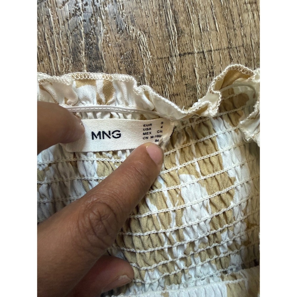 Mango MNG Floral Smocked Puff Sleeve Mini Dress Mustard Yellow White Size S - Picture 5 of 7